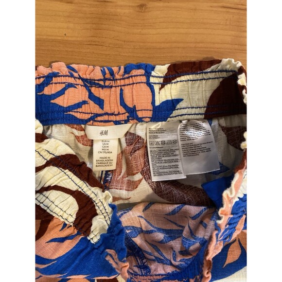 H&M Leaf‎ Print Pants Size M Linen Viscose Blend Elastic Waist Beachy Coastal - Picture 4 of 7